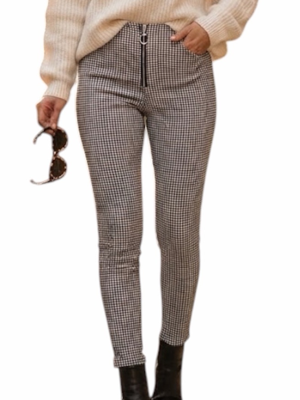 ZARA High-Waisted Houndstooth O-Ring Zipper Pants L Streetwear Casual